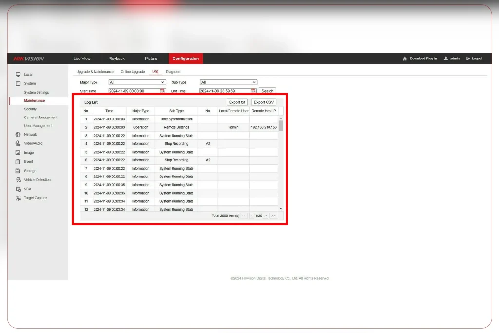 نمونه‌ای از قسمت LOG دستگاه‌های DVR هایک ویژن