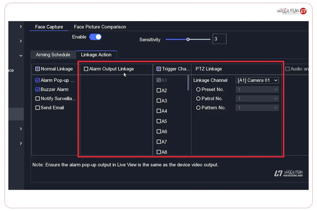 Alarm Output Linkage / Trigger Channel / PTZ Linkage (Preset/Pattern/Patrol)
