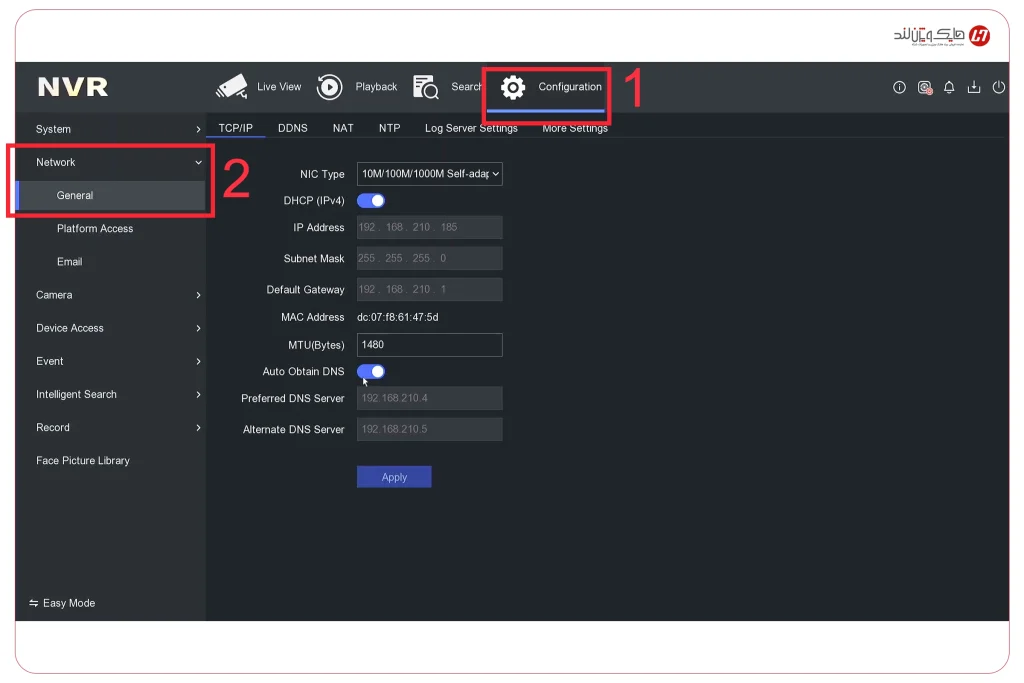مسیر Configuration و Network در NVR هایک ویژن برای تنظیمات انتقال تصویر