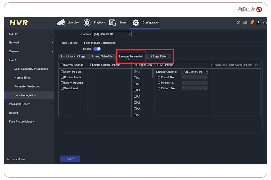 تنظیم Linkage Succeeded و Linkage Failed در Face Picture Comparison هایک ویژن برای تعیین واکنش هنگام تطبیق چهره