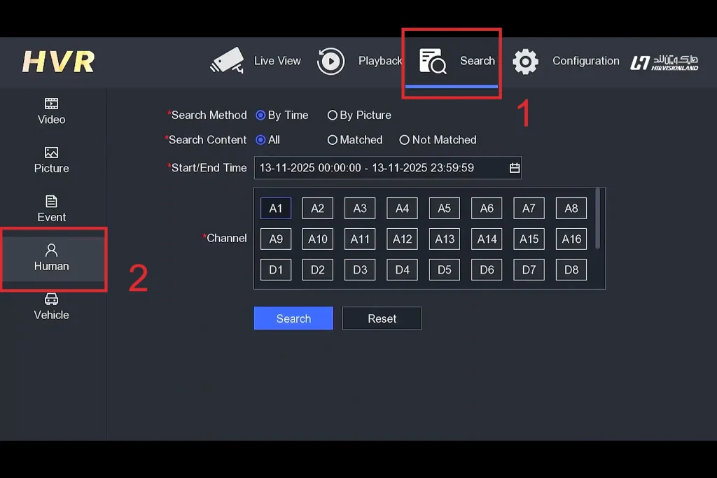 مسیر Search > Human در DVR/NVR هایک‌ویژن برای ورود به بخش جستجوی هوشمند چهره
