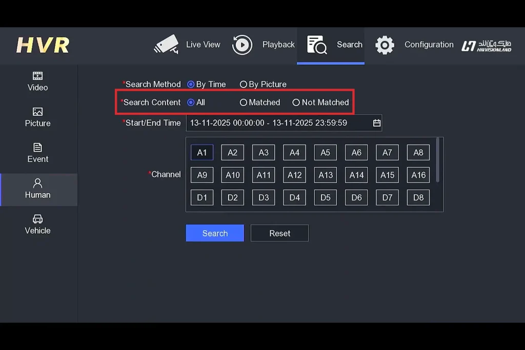 گزینه Search Content در Search > Human هایک‌ویژن؛ فیلتر Matched و Not Matched و All در جستجوی هوشمند چهره