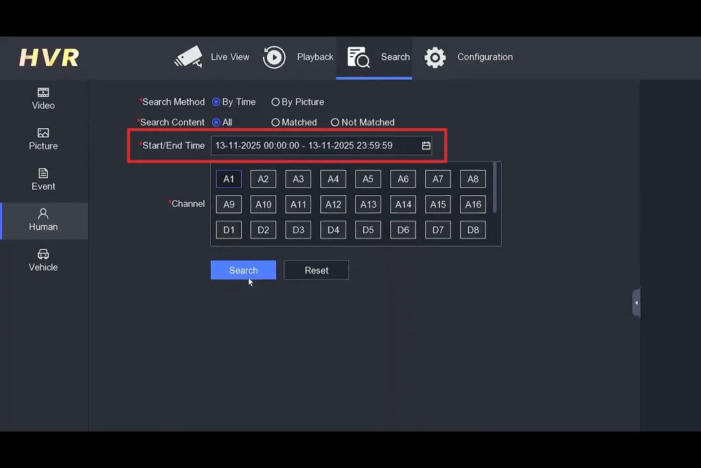 تنظیم Search by Time در Search > Human هایک‌ویژن برای جستجوی هوشمند چهره بر اساس بازه زمانی