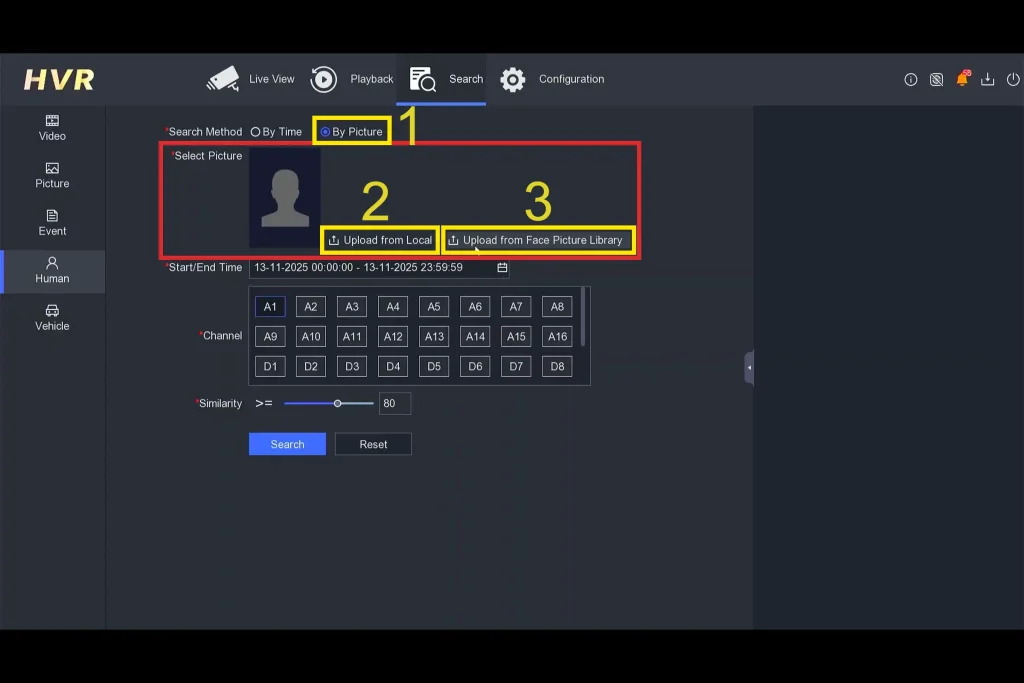 پنجره Select Picture در Search by Picture هایک‌ویژن برای انتخاب عکس از Face Picture Library یا آپلود از USB