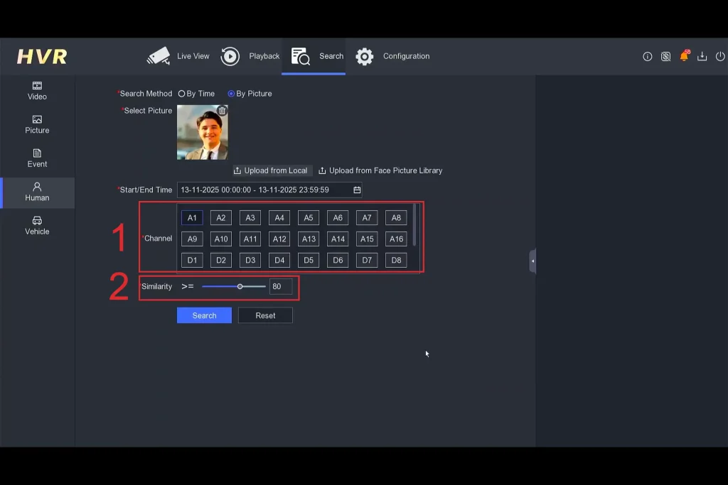 تنظیم Search Channel و Similarity در Search > Human هایک‌ویژن برای افزایش دقت جستجوی هوشمند چهره