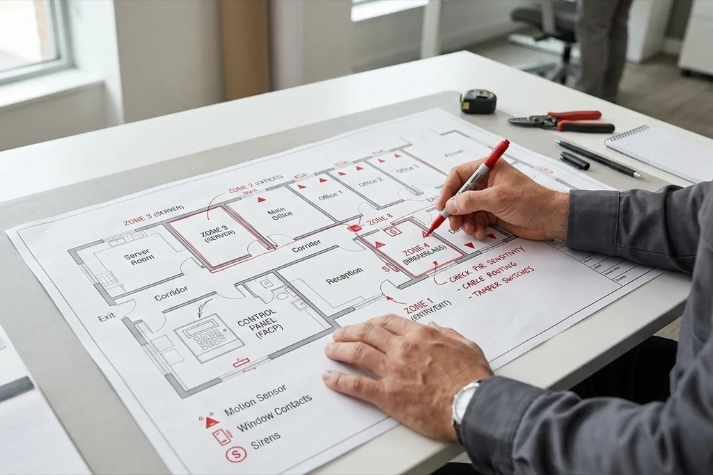 برنامه‌ریزی نصب دزدگیر اماکن روی نقشه ساختمان
